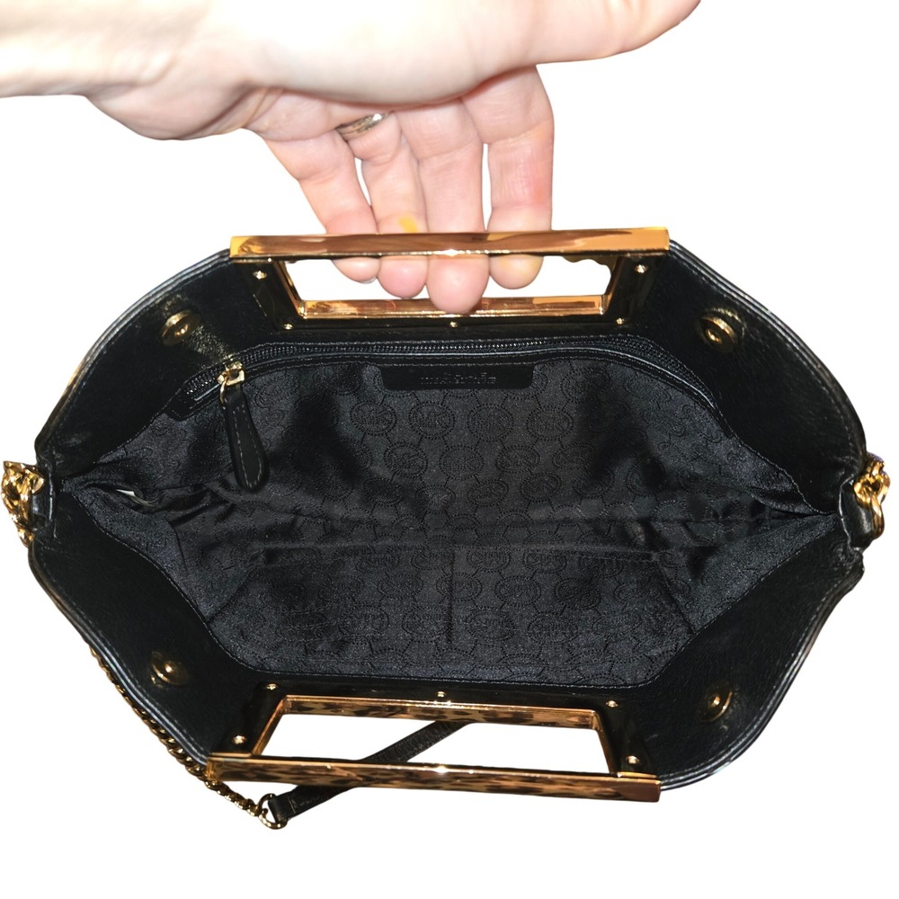 Michael Kors Berkley Clutch Women Black Leather Gold Chain Strap Bag 11"X7"X1.5" - Picture 8 of 11